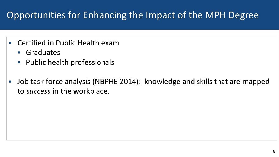 Opportunities for Enhancing the Impact of the MPH Degree § Certified in Public Health