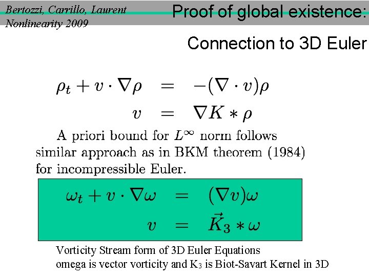 Bertozzi, Carrillo, Laurent Nonlinearity 2009 Proof of global existence: Connection to 3 D Euler