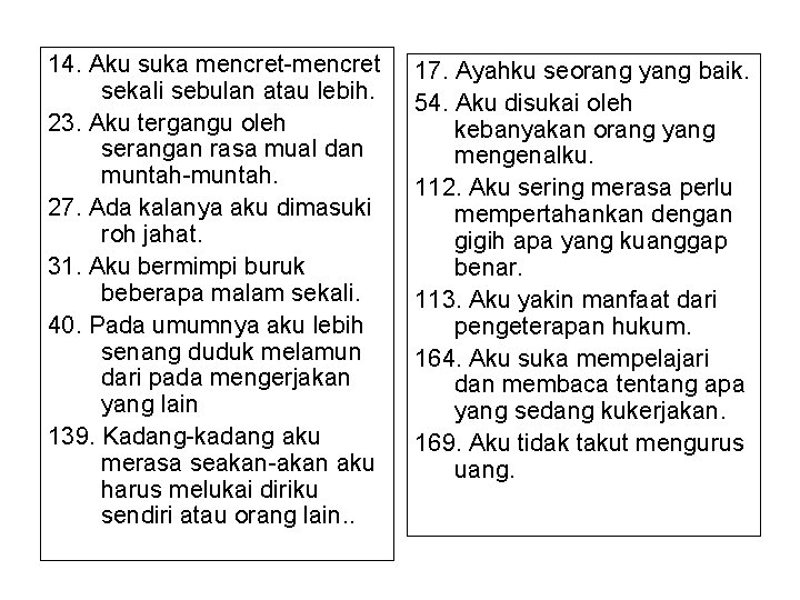 14. Aku suka mencret-mencret sekali sebulan atau lebih. 23. Aku tergangu oleh serangan rasa