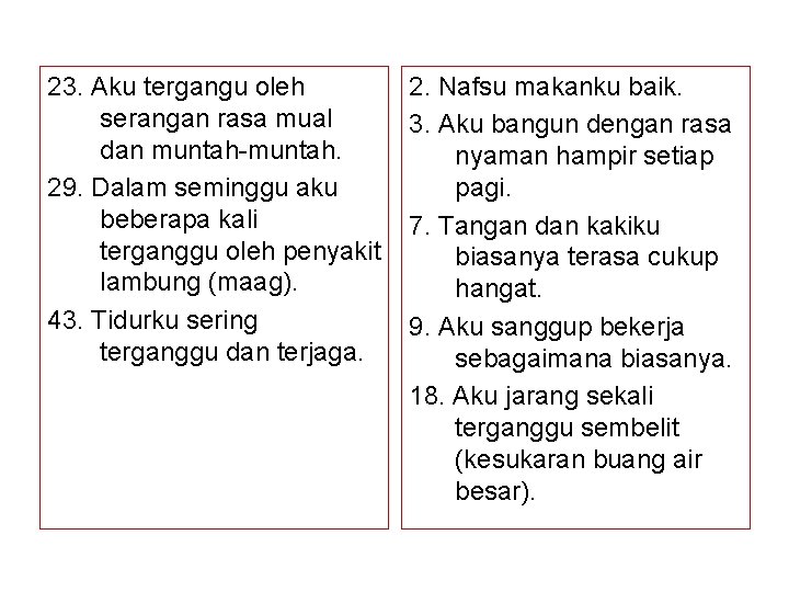 23. Aku tergangu oleh serangan rasa mual dan muntah-muntah. 29. Dalam seminggu aku beberapa
