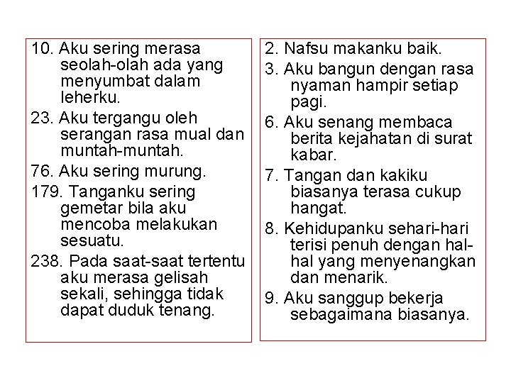 10. Aku sering merasa seolah-olah ada yang menyumbat dalam leherku. 23. Aku tergangu oleh