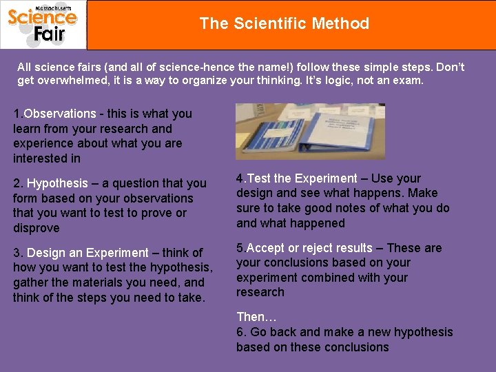 The Scientific Method All science fairs (and all of science-hence the name!) follow these