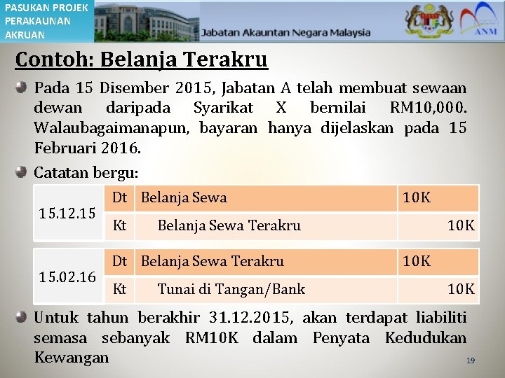 PASUKAN PROJEK PERAKAUNAN AKRUAN Contoh: Belanja Terakru Pada 15 Disember 2015, Jabatan A telah