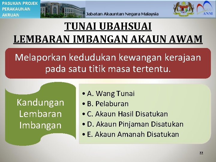 PASUKAN PROJEK PERAKAUNAN AKRUAN TUNAI UBAHSUAI LEMBARAN IMBANGAN AKAUN AWAM Melaporkan kedudukan kewangan kerajaan