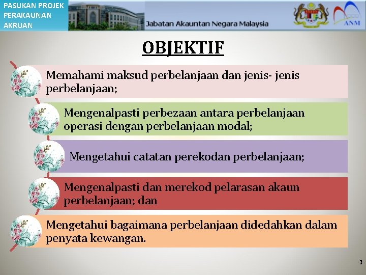 PASUKAN PROJEK PERAKAUNAN AKRUAN OBJEKTIF Memahami maksud perbelanjaan dan jenis- jenis perbelanjaan; Mengenalpasti perbezaan