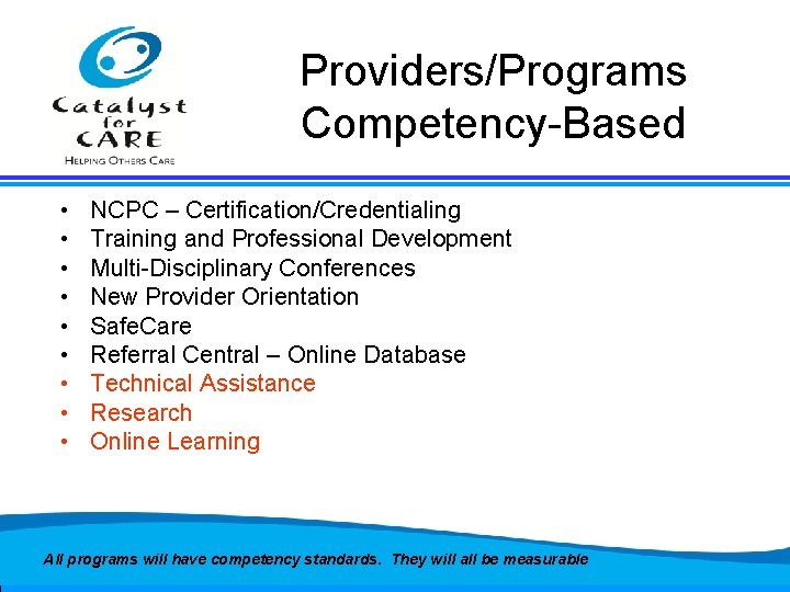 Providers/Programs Competency-Based • • • NCPC – Certification/Credentialing Training and Professional Development Multi-Disciplinary Conferences