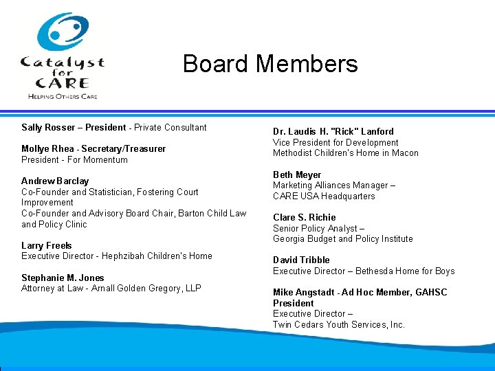 Board Members Sally Rosser – President - Private Consultant Mollye Rhea - Secretary/Treasurer President