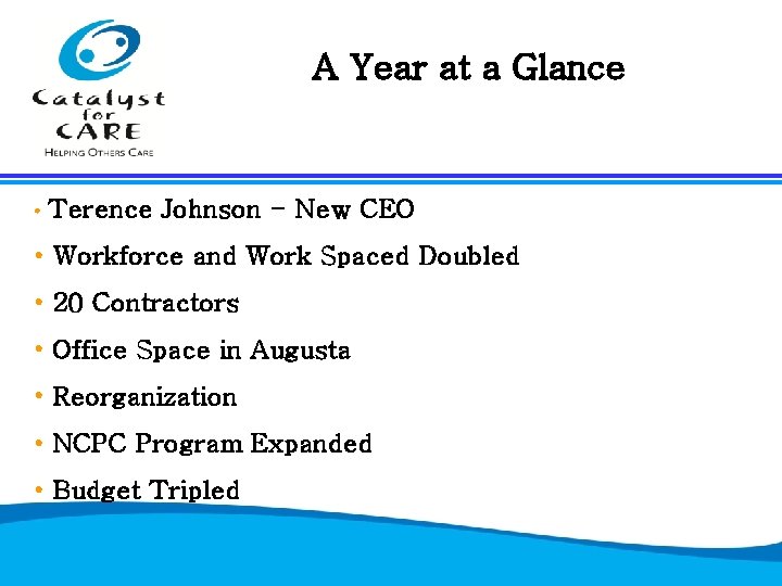 A Year at a Glance • Terence Johnson - New CEO • Workforce and