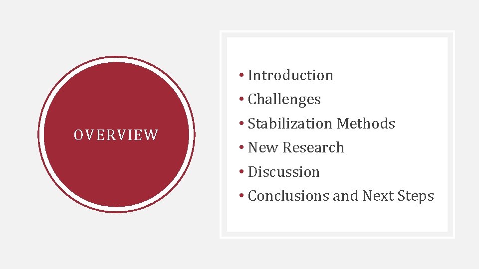 OVERVIEW • Introduction • Challenges • Stabilization Methods • New Research • Discussion •