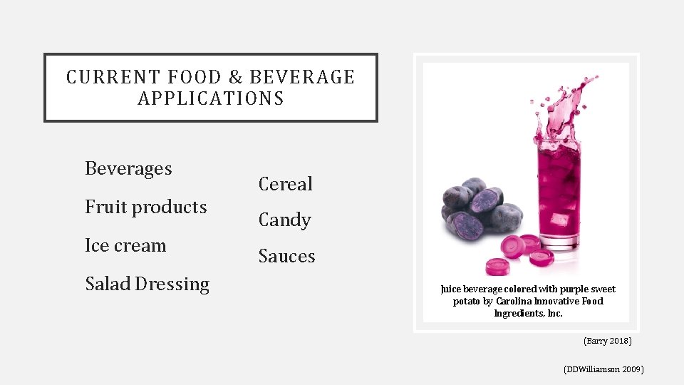 CURRENT FOOD & BEVERAGE APPLICATIONS Beverages Fruit products Ice cream Salad Dressing Cereal Candy