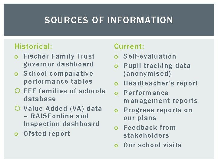 SOURCES OF INFORMATION Historical: Fischer Family Trust governor dashboard School comparative performance tables EEF
