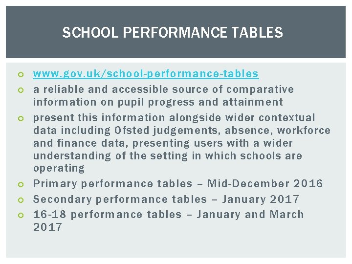 SCHOOL PERFORMANCE TABLES www. gov. uk/school-performance-tables a reliable and accessible source of comparative information