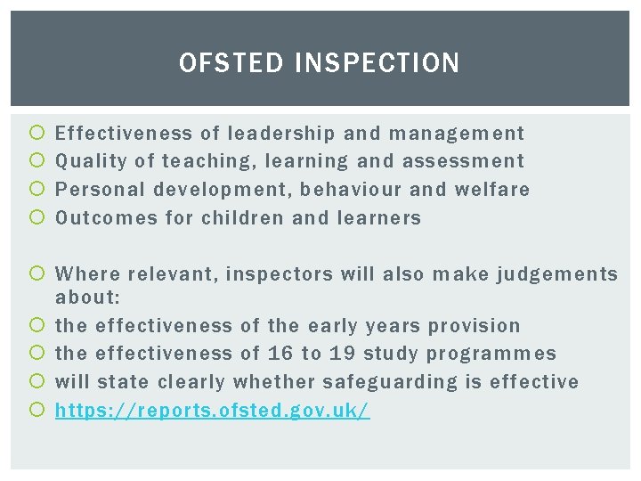 OFSTED INSPECTION Effectiveness of leadership and management Quality of teaching, learning and assessment Personal