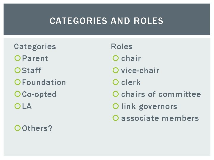 CATEGORIES AND ROLES Categories Parent Staff Foundation Co-opted LA Others? Roles chair vice-chair clerk