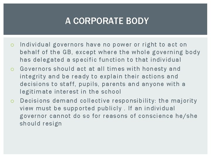 A CORPORATE BODY Individual governors have no power or right to act on behalf