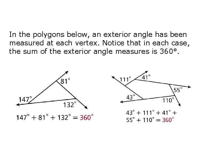 In the polygons below, an exterior angle has been measured at each vertex. Notice