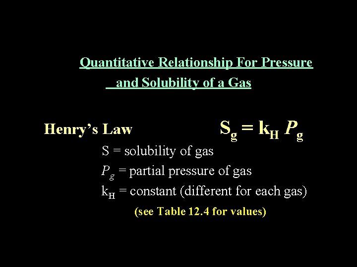 Quantitative Relationship For Pressure and Solubility of a Gas Henry’s Law Sg = k Quantitative Relationship For Pressure and Solubility of a Gas Henry’s Law Sg = k