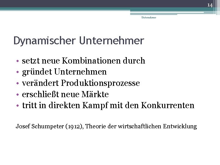 14 Unternehmer Dynamischer Unternehmer • • • setzt neue Kombinationen durch gründet Unternehmen verändert