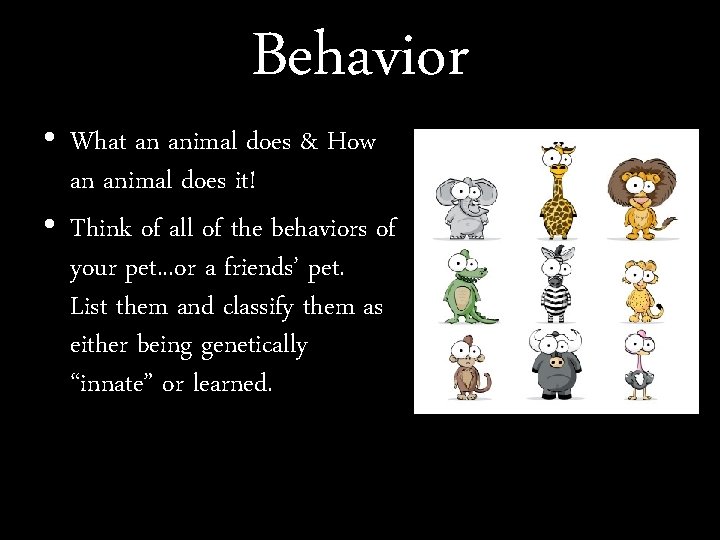 Behavior • What an animal does & How an animal does it! • Think