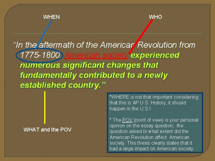 WHEN WHO “In the aftermath of the American Revolution from 1775 -1800, American society