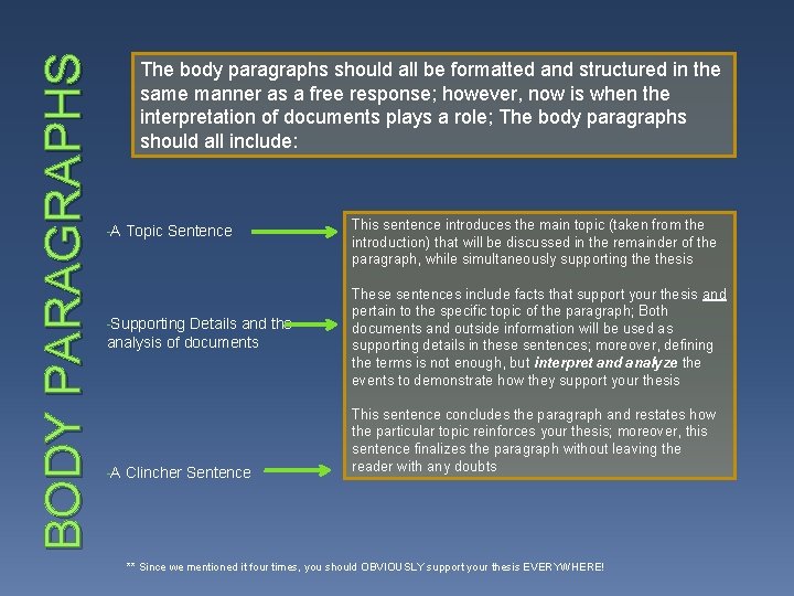 BODY PARAGRAPHS The body paragraphs should all be formatted and structured in the same