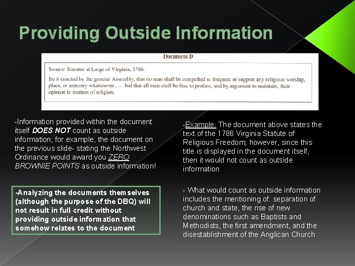 Providing Outside Information -Information provided within the document itself DOES NOT count as outside