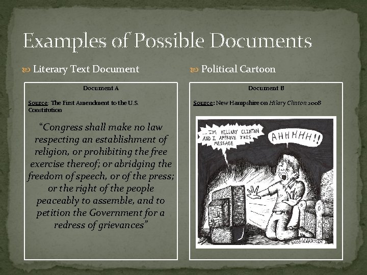 Examples of Possible Documents Literary Text Document A Source: The First Amendment to the