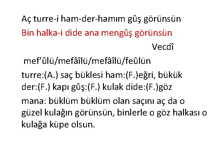 Aç turre-i ham-der-hamım gûş görünsün Bin halka-i dide ana mengûş görünsün Vecdî mef’ûlü/mefâîlü/feûlün turre: