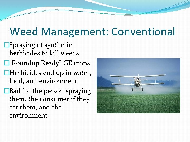 Weed Management: Conventional �Spraying of synthetic herbicides to kill weeds �“Roundup Ready” GE crops
