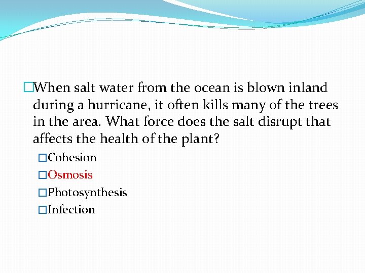 �When salt water from the ocean is blown inland during a hurricane, it often