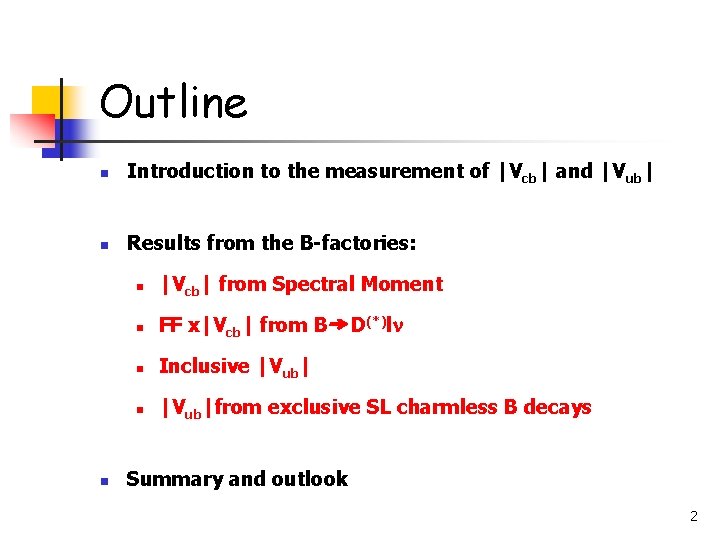 Outline n Introduction to the measurement of |Vcb| and |Vub| n Results from the