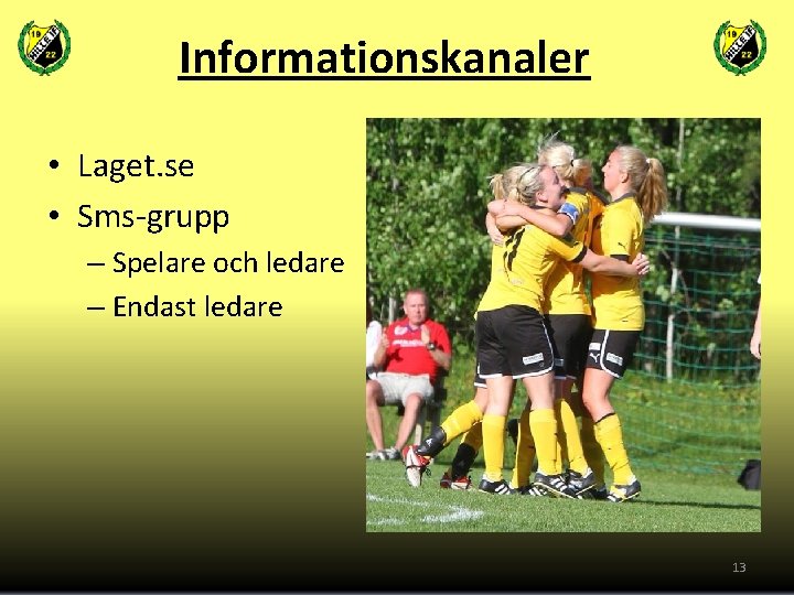 Informationskanaler • Laget. se • Sms-grupp – Spelare och ledare – Endast ledare 13