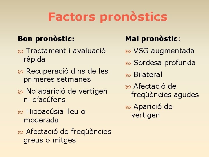 Factors pronòstics Bon pronòstic: Tractament i avaluació ràpida Recuperació dins de les primeres setmanes