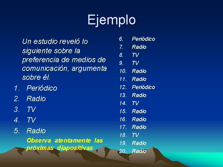 Ejemplo Un estudio reveló lo siguiente sobre la preferencia de medios de comunicación, argumenta