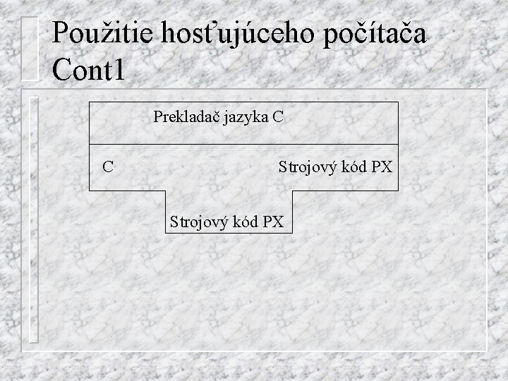 Použitie hosťujúceho počítača Cont 1 Prekladač jazyka C Strojový kód PX 