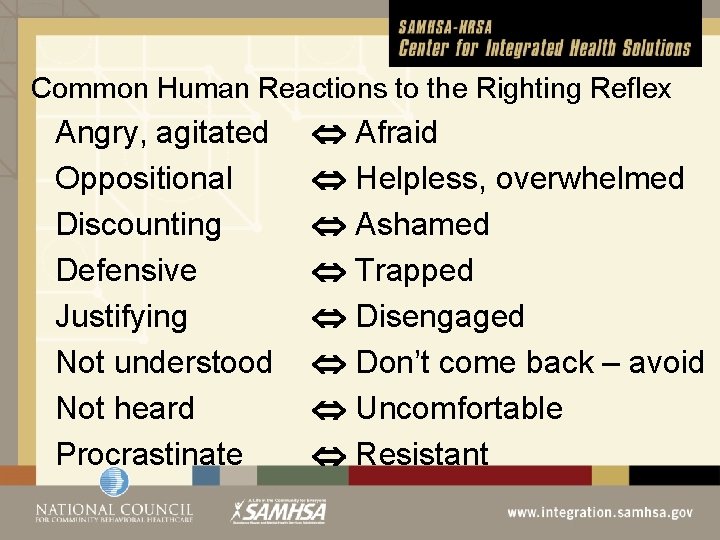 Common Human Reactions to the Righting Reflex Angry, agitated Oppositional Discounting Defensive Justifying Not