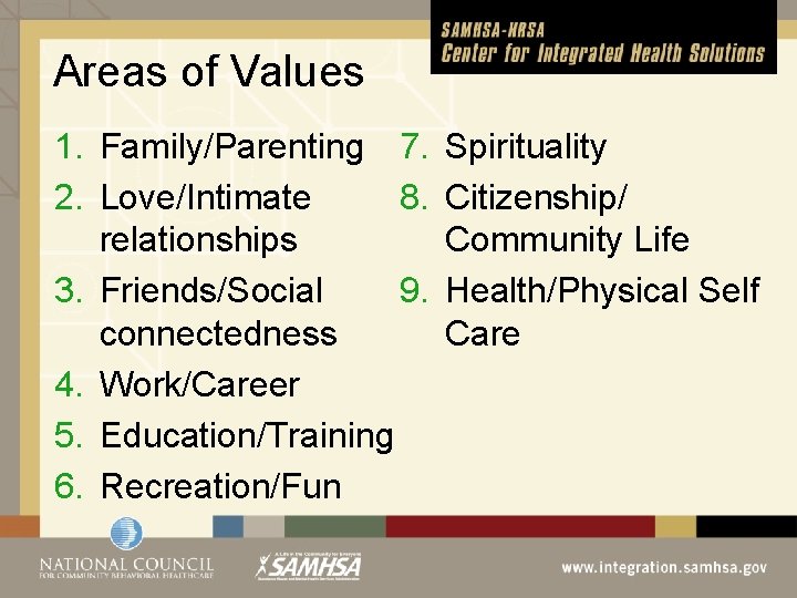 Areas of Values 1. Family/Parenting 7. 2. Love/Intimate 8. relationships 3. Friends/Social 9. connectedness