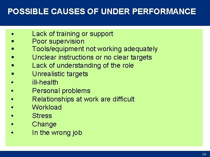 POSSIBLE CAUSES OF UNDER PERFORMANCE § § § • • Lack of training or
