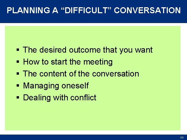 PLANNING A “DIFFICULT” CONVERSATION § § § The desired outcome that you want How