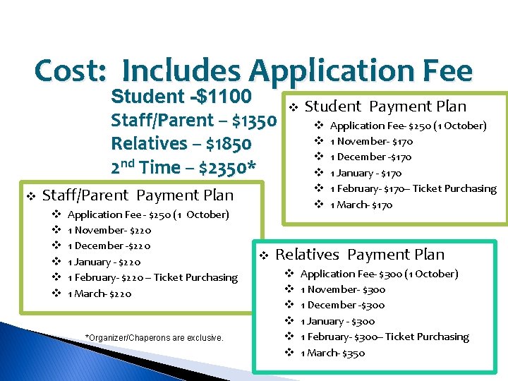 Cost: Includes Application Fee Student -$1100 Staff/Parent – $1350 Relatives – $1850 2 nd