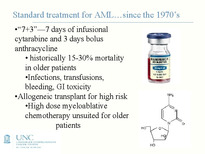 Standard treatment for AML…since the 1970’s • “ 7+3”— 7 days of infusional cytarabine