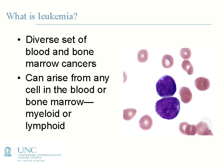 What is leukemia? • Diverse set of blood and bone marrow cancers • Can