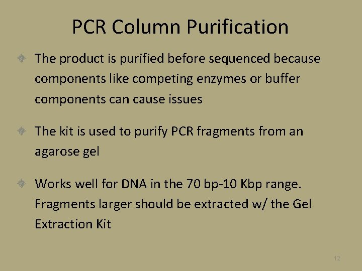 PCR Column Purification The product is purified before sequenced because components like competing enzymes