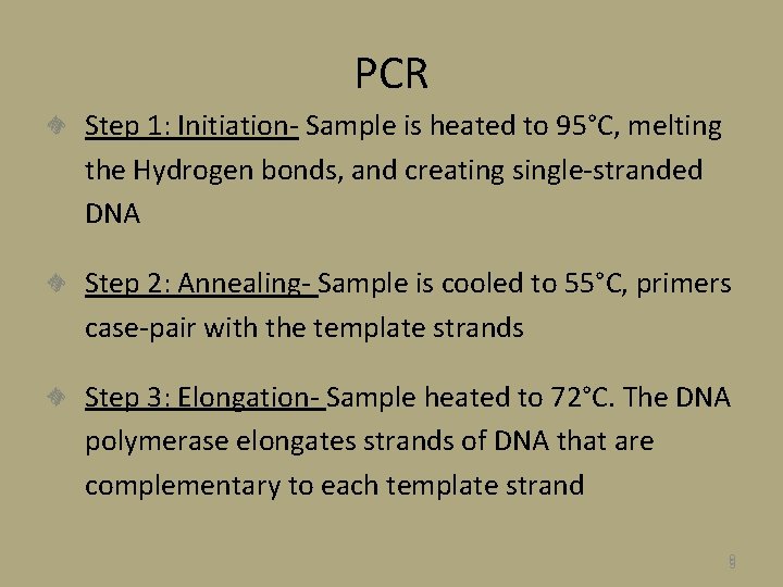 PCR Step 1: Initiation- Sample is heated to 95°C, melting the Hydrogen bonds, and