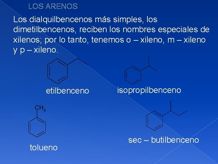 LOS ARENOS Los dialquilbencenos más simples, los dimetilbencenos, reciben los nombres especiales de xilenos;