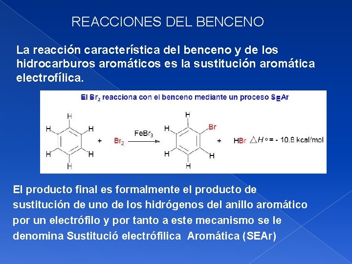 REACCIONES DEL BENCENO La reacción característica del benceno y de los hidrocarburos aromáticos es