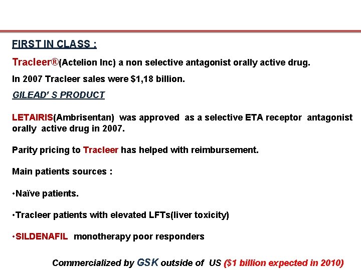 FIRST IN CLASS : Tracleer®(Actelion Inc) a non selective antagonist orally active drug. In