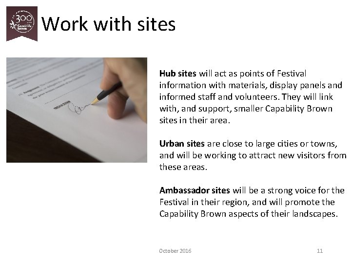 Work with sites Hub sites will act as points of Festival information with materials,