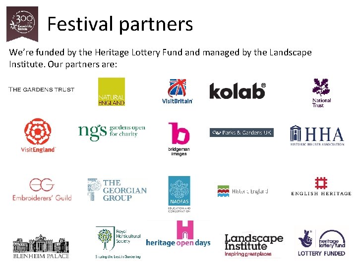 Festival partners We’re funded by the Heritage Lottery Fund and managed by the Landscape