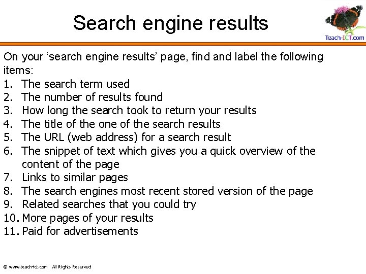 Search engine results On your ‘search engine results’ page, find and label the following